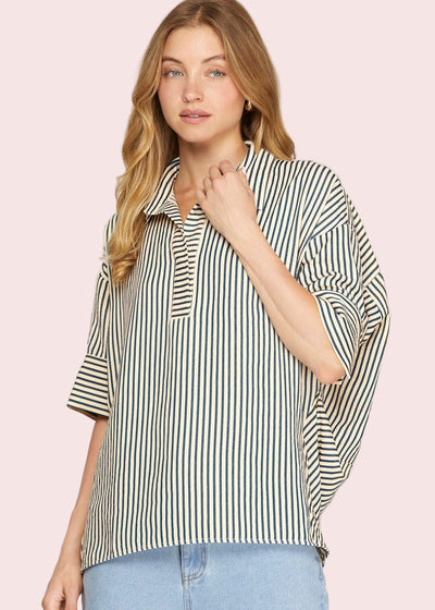 CHARLESTON CHARM OVERSIZED STRIPED BLOUSE - NAVY OR BROWN