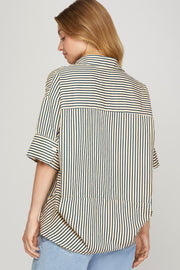 CHARLESTON CHARM OVERSIZED STRIPED BLOUSE - NAVY OR BROWN