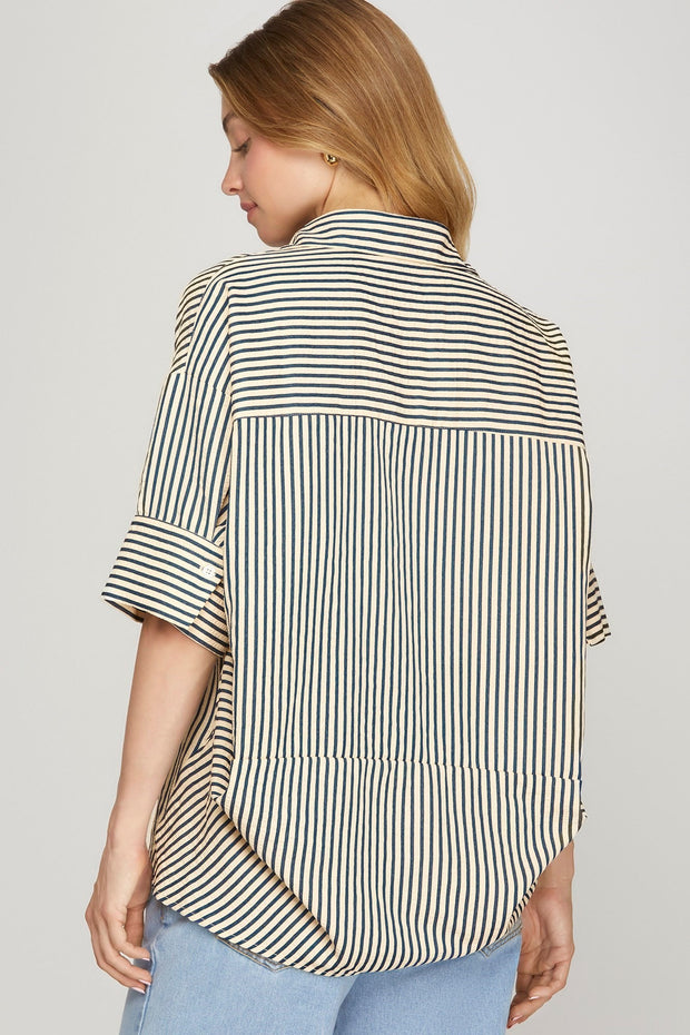 CHARLESTON CHARM OVERSIZED STRIPED BLOUSE - NAVY OR BROWN