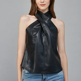 THE NIGHT IS HERS FAUX LEATHER HALTER TOP