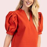 CAFE AND CARAMEL RUFFLE PUFF SLEEVE BLOUSE
