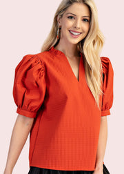 CAFE AND CARAMEL RUFFLE PUFF SLEEVE BLOUSE