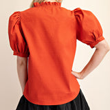 CAFE AND CARAMEL RUFFLE PUFF SLEEVE BLOUSE