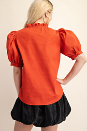 CAFE AND CARAMEL RUFFLE PUFF SLEEVE BLOUSE