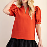 CAFE AND CARAMEL RUFFLE PUFF SLEEVE BLOUSE