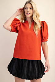 CAFE AND CARAMEL RUFFLE PUFF SLEEVE BLOUSE