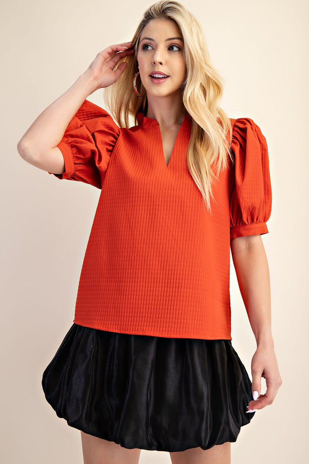 CAFE AND CARAMEL RUFFLE PUFF SLEEVE BLOUSE