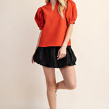 CAFE AND CARAMEL RUFFLE PUFF SLEEVE BLOUSE