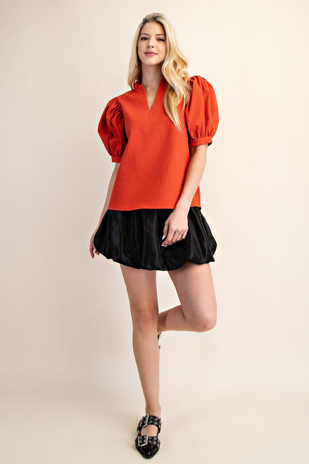 CAFE AND CARAMEL RUFFLE PUFF SLEEVE BLOUSE
