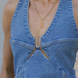 FLIRTY SMILE DENIM HALTER MINI DRESS