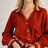 AUTUMN DAYS AHEAD STITCHED BLOUSE - BURGUNDY OR RUST