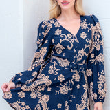 FAN OF FLORAL LONG SLEEVE NAVY DRESS