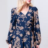 FAN OF FLORAL LONG SLEEVE NAVY DRESS