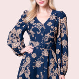 FAN OF FLORAL LONG SLEEVE NAVY DRESS