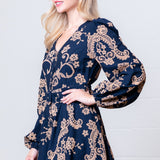 FAN OF FLORAL LONG SLEEVE NAVY DRESS