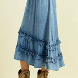 FARMERS MARKET ASYMMETRICAL RUFFLE MIDI SKIRT