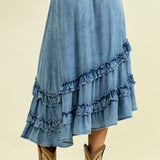 FARMERS MARKET ASYMMETRICAL RUFFLE MIDI SKIRT