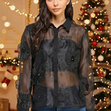 ONLINE EXCLUSIVE:  FLORAL FLAIR BLACK BUTTON DOWN BLOUSE
