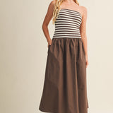 FASHIONABLE FAVE CHOCOLATE STRIPED STRAPLESS DRESS