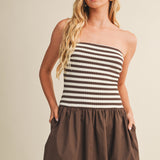 FASHIONABLE FAVE CHOCOLATE STRIPED STRAPLESS DRESS