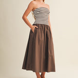 FASHIONABLE FAVE CHOCOLATE STRIPED STRAPLESS DRESS