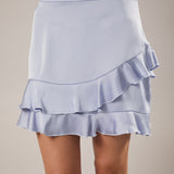 SPRINGTIME STROLL RUFFLE LAYARD SATIN MINI SKIRT