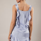 SPRINGTIME STROLL COWL NECK RUFFLE STRAP SATIN TOP