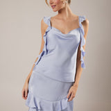 SPRINGTIME STROLL RUFFLE LAYARD SATIN MINI SKIRT