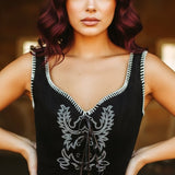 RODEO DARLING BLACK EMBROIDERED FAUX SUEDE DRESS