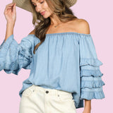 SWEET TALKER OFF THE SHOULDER CHAMBRAY TOP