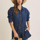 EASY DOES IT LONG SLEEVE DENIM ROMPER