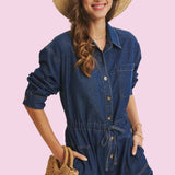 EASY DOES IT LONG SLEEVE DENIM ROMPER