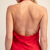 COMING IN HOT RED HALTER NECK SLEEVELESS SATIN TOP
