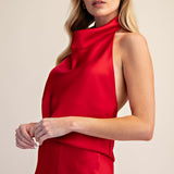 COMING IN HOT RED HALTER NECK SLEEVELESS SATIN TOP