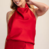COMING IN HOT RED HALTER NECK SLEEVELESS SATIN TOP