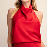 COMING IN HOT RED HALTER NECK SLEEVELESS SATIN TOP