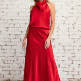 COMING IN HOT RED HALTER NECK SLEEVELESS SATIN TOP
