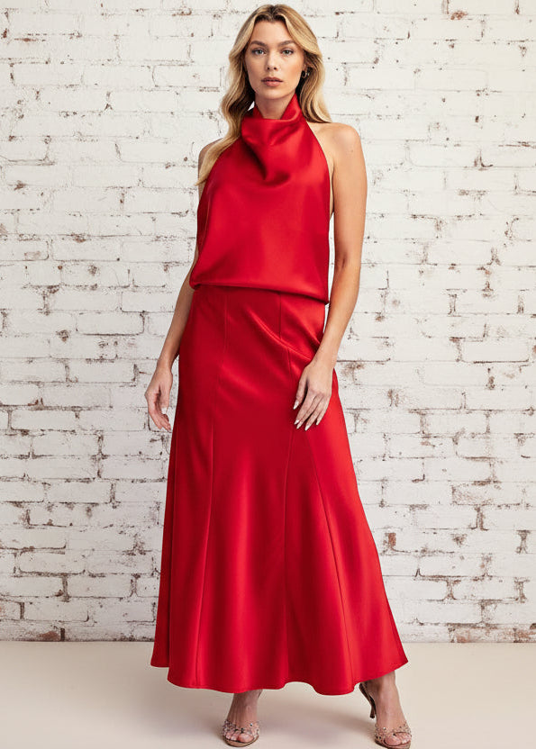 COMING IN HOT RED HALTER NECK SLEEVELESS SATIN TOP – Anything Bling Boutique