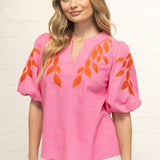 UPTOWN PREP FLORAL EMBROIDERED BUBBLE SLEEVE TOP