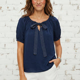 JOYFUL MOMENT NAVY CONTRAST STITCH BOW BLOUSE