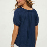 JOYFUL MOMENT NAVY CONTRAST STITCH BOW BLOUSE