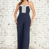 ONLINE EXCLUSIVE:  FIRST CLASS COASTLINE NAVY HALTER JUMPSUIT