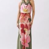SUNSET MEADOW COWL NECK HALTER DRESS