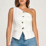 STYLISH STAPLE ONE SHOULDER DETAIL TOP - BLUE OR WHITE