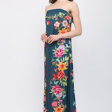 BOTANICAL BORDER STRAPLESS MAXI DRESS
