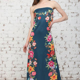 BOTANICAL BORDER STRAPLESS MAXI DRESS