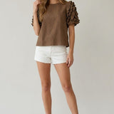 WATCH HER WORK TEXTURED RUFFLE SLEEVE TOP