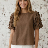WATCH HER WORK TEXTURED RUFFLE SLEEVE TOP