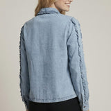 DENIM DAYDREAM CHAMBRAY RUFFLE BUTTON DOWN