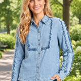 DENIM DAYDREAM CHAMBRAY RUFFLE BUTTON DOWN